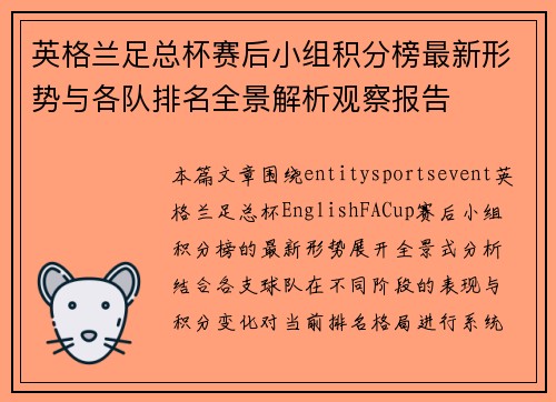 英格兰足总杯赛后小组积分榜最新形势与各队排名全景解析观察报告