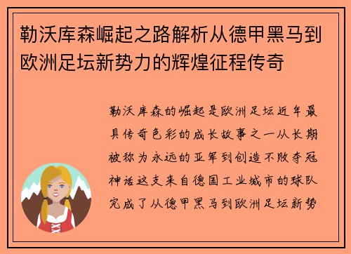 勒沃库森崛起之路解析从德甲黑马到欧洲足坛新势力的辉煌征程传奇